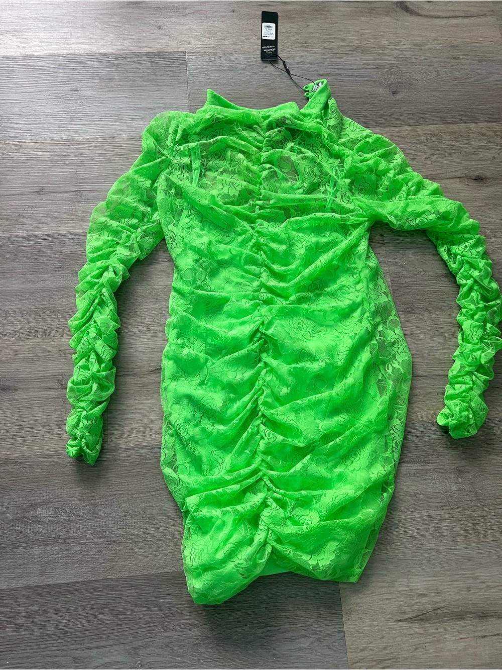 Fashion Nova Neon Green Lace Ruched Long Sleeve Dress